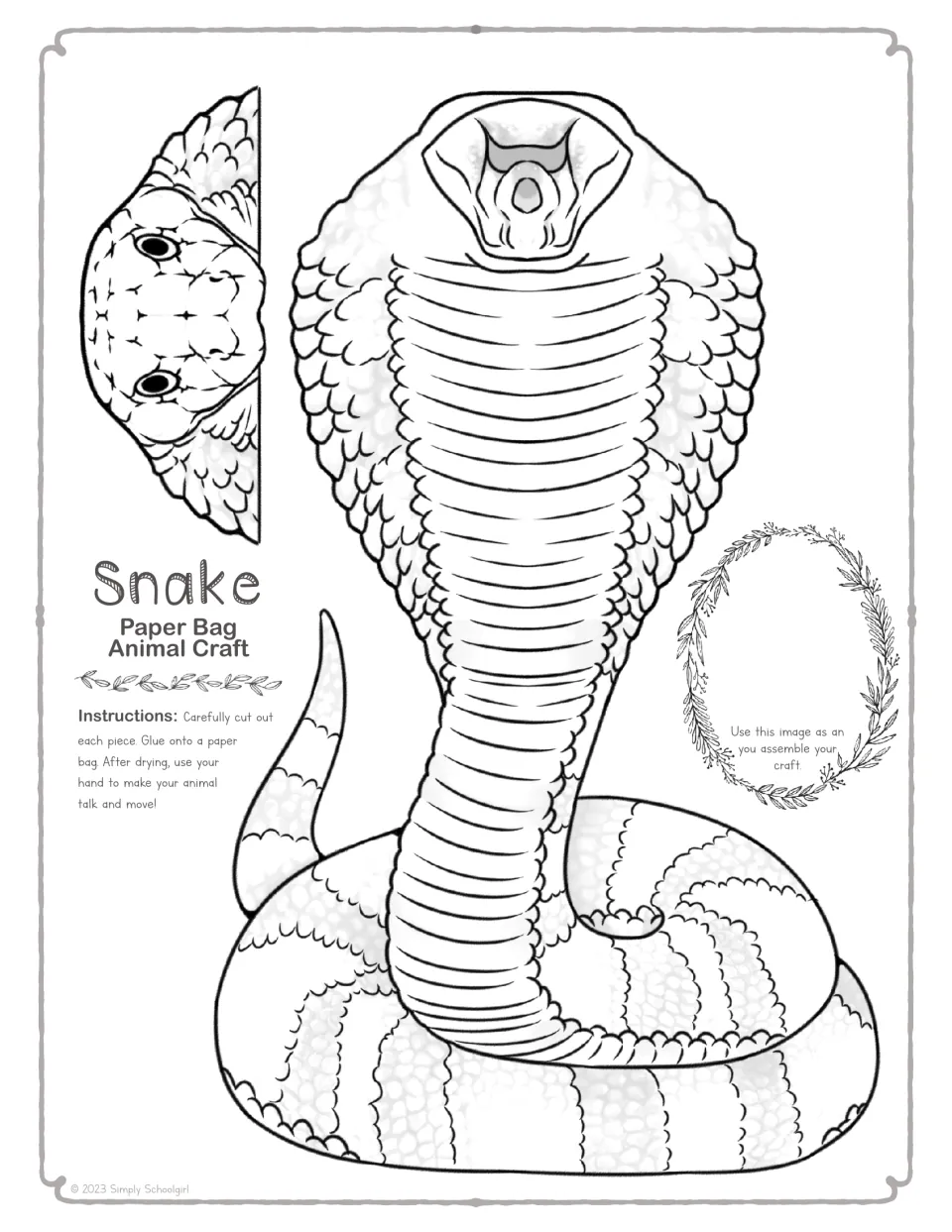 Black and white cobra outline pieces for students to color, cut out and glue onto a paper bag to build a talking puppet