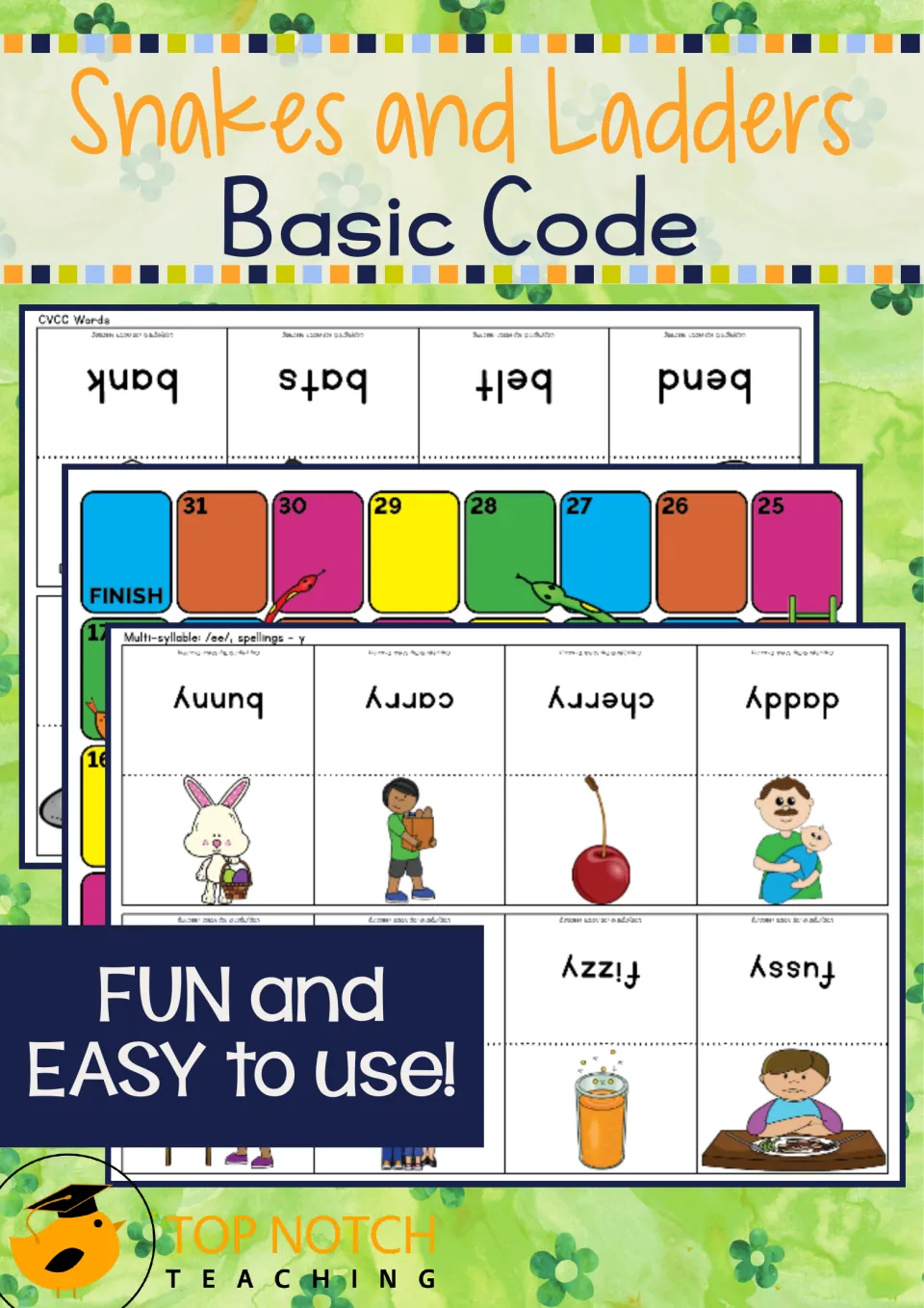 Snakes and Ladders Game with Basic Code cover showing a game board and sample picture-and-word cards