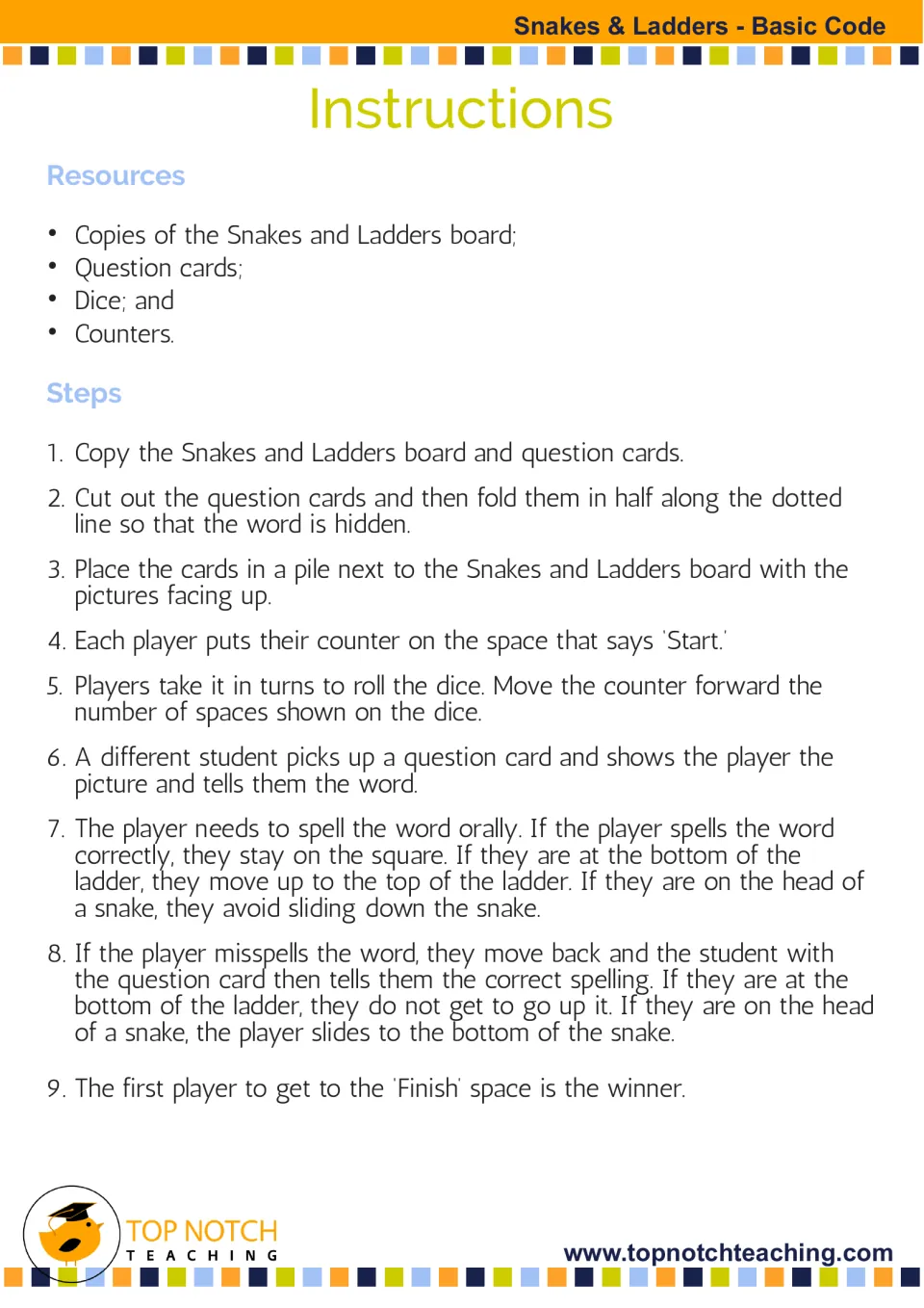 Game instructions explain folding picture cards, rolling dice, spelling aloud, and moving on snakes and ladders