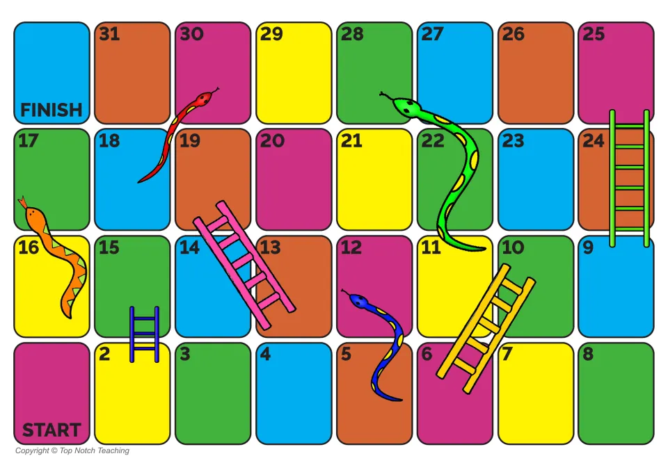 First phonics game board has Start, spaces numbered 2–31, and Finish, with four snakes and four ladders