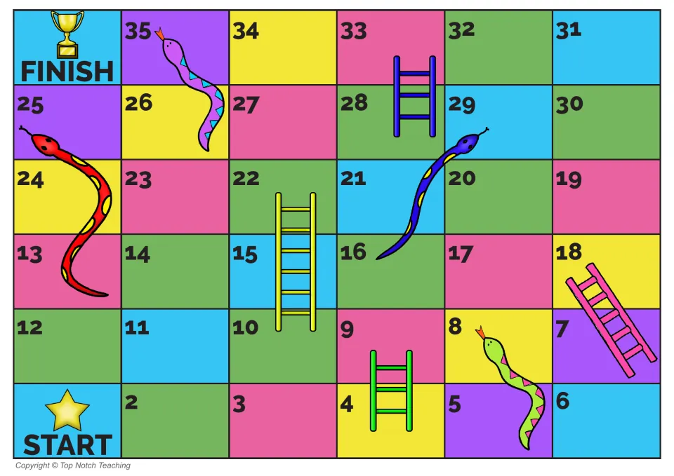 Second phonics game board has Start, spaces numbered 2–35, and Finish, with four snakes and four ladders