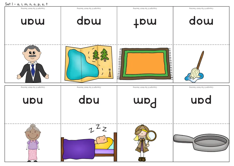 Set 1 foldable picture-and-word cards 1–8: man, map, mat, mop, nan, nap, Pam, and pan for the spelling game