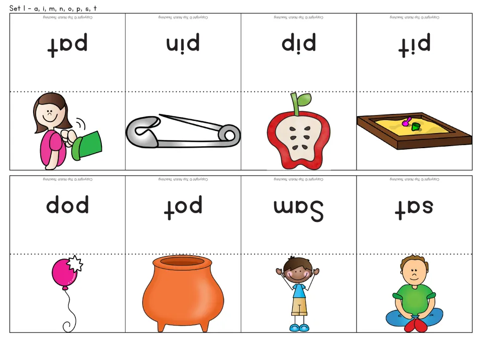 Set 1 foldable picture-and-word cards 9–16: pat, pin, pip, pit, pop, pot, Sam, and sat for the spelling game