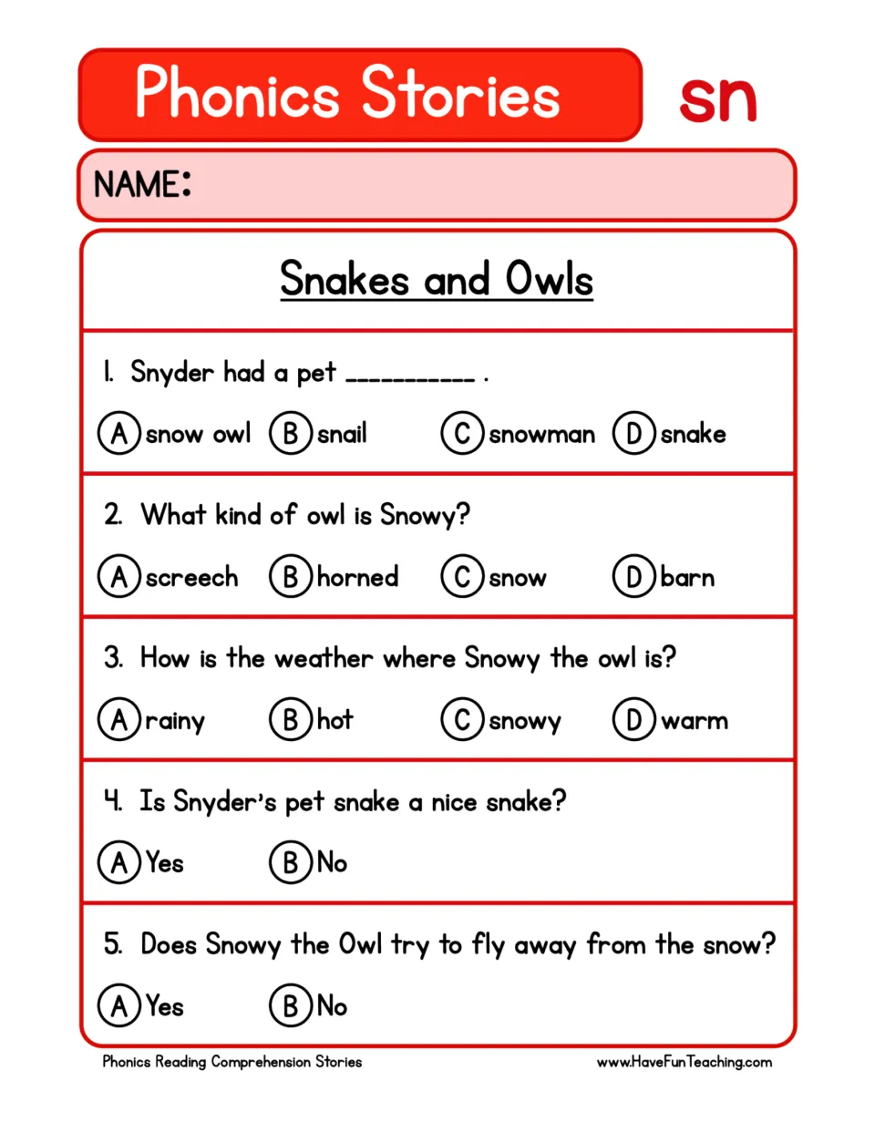 Five comprehension questions about Snyder's pet snake, Snowy's owl type, snowy weather, and their behavior.