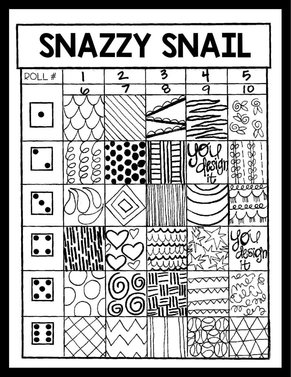 Hand-drawn roll-a-pattern game: students roll a die to choose shell patterns such as scales, hearts, stars and swirls