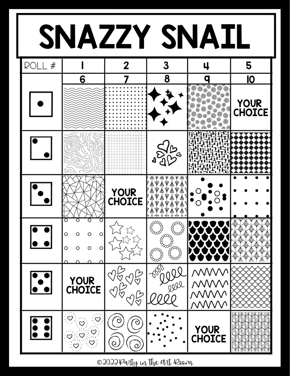 Digitized roll-a-pattern chart: dice rolls select shell patterns like zigzags, stars and scales, with Your Choice squares