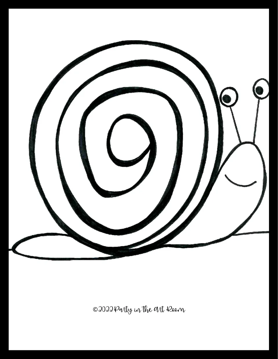 Snail drawing template: a blank spiral shell with eyestalks and smile, ready for students to fill with patterns