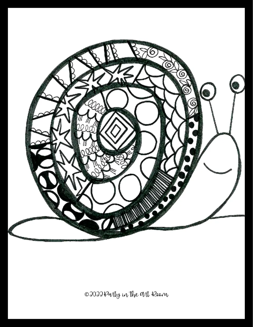 Patterned snail coloring sheet: shell sections filled with stars, circles, scallops, spirals and a diamond center