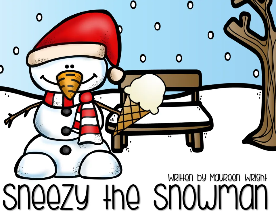 Sneezy the Snowman by Maureen Wright: cover art of a smiling snowman in a red hat and scarf holding an ice cream cone