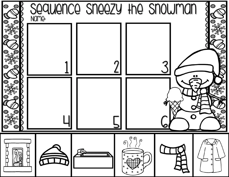 Story sequencing: students cut out six pictures (fireplace, hat, tub, cocoa, scarf, coat) and glue them in order 1 to 6