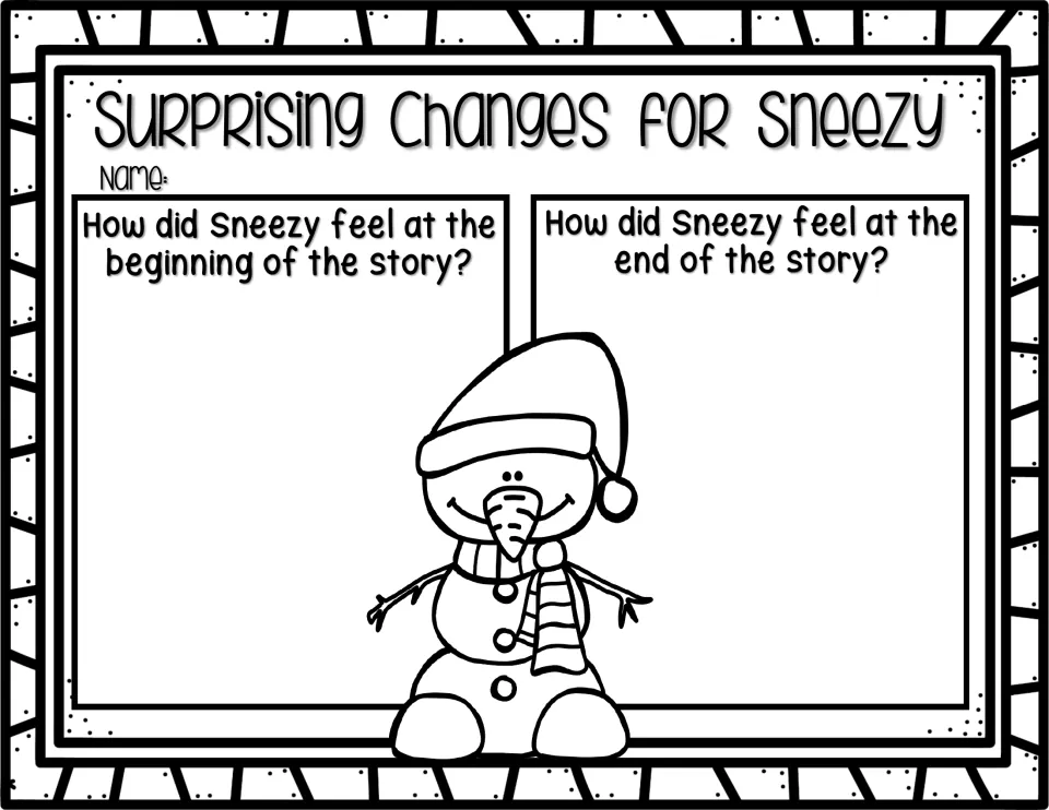 Character feelings: students show how Sneezy felt at the beginning and at the end of the story to describe his change