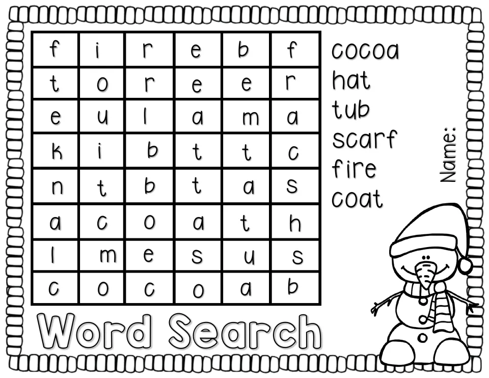 Word search: students find six story words, cocoa, hat, tub, scarf, fire and coat, in a letter puzzle