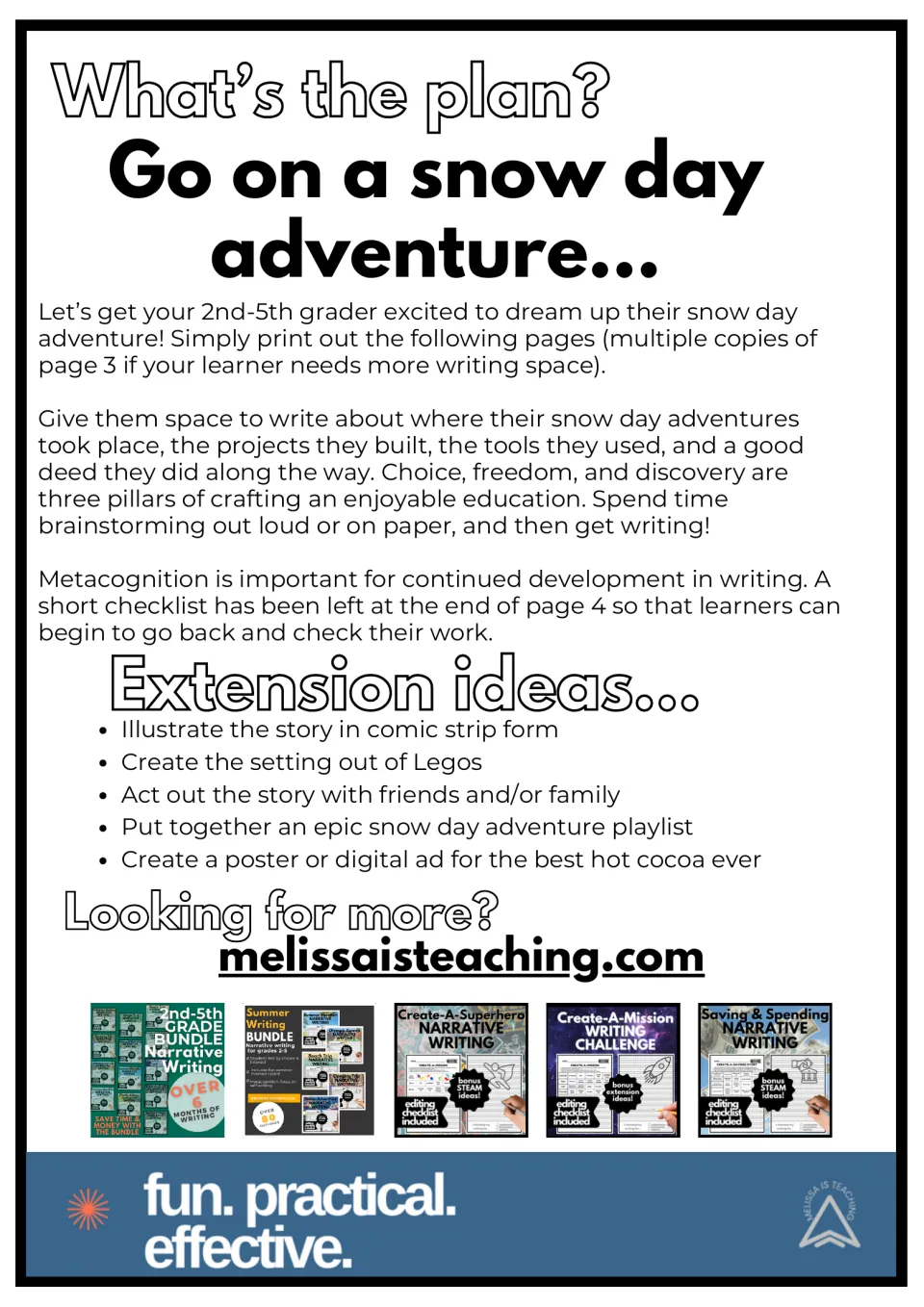 Snow day writing guide: printing directions, brainstorming advice, editing guidance, and extension ideas