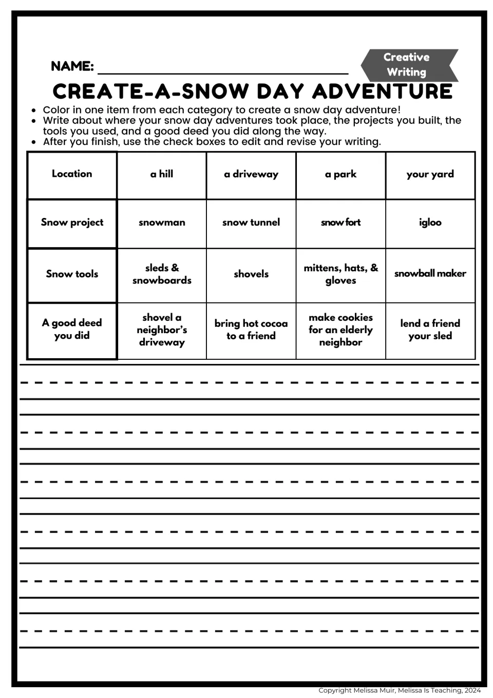 Snow day story starter: choose a location, snow project, snow tools, and a good deed, then write