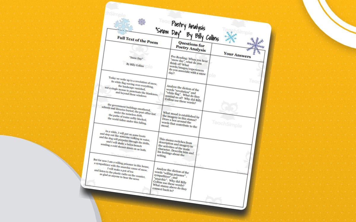 Snow Day by Billy Collins stanza-by-stanza poetry analysis questions! preview