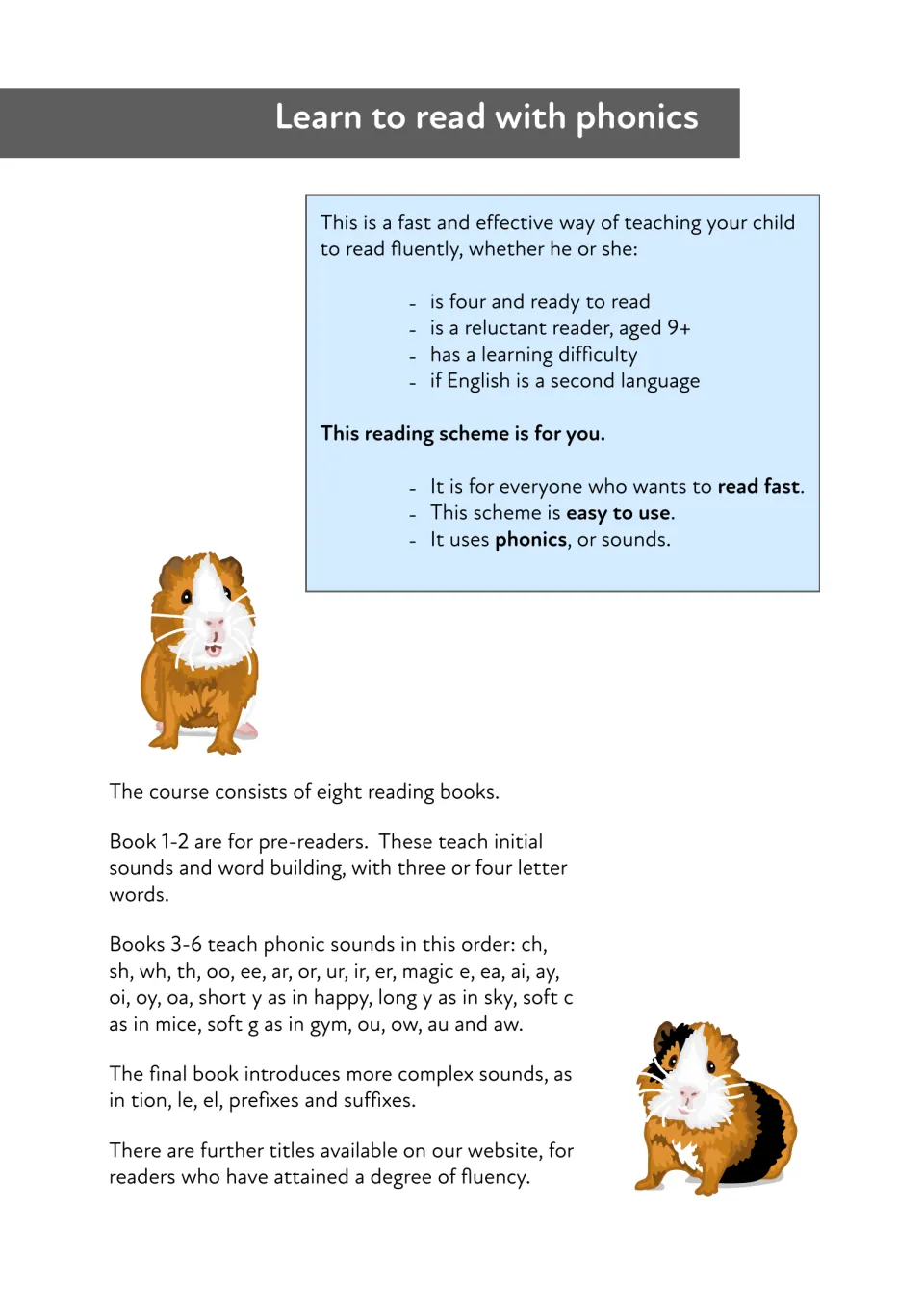 Learn to read with phonics: overview of the eight-book course and the order of sounds taught, including ou, ow, au and aw