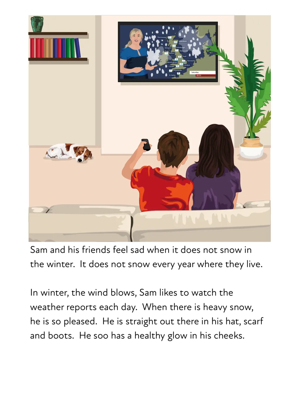 Story page: Sam watches a snowy weather report on TV; text uses ow words like blows and glow as he heads out in the snow