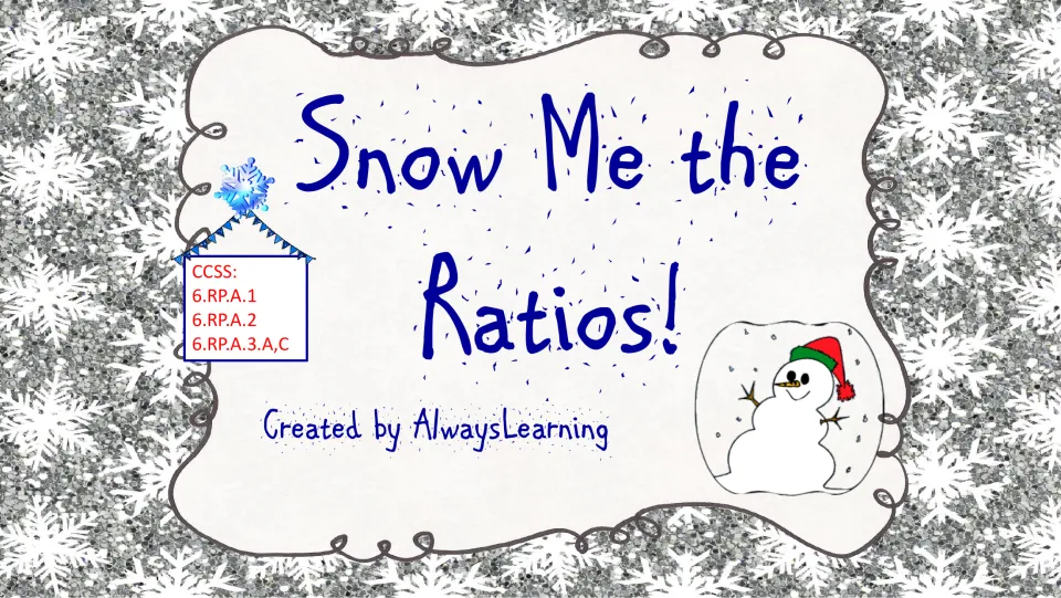 Snow Me the Ratios! cover for ratio task cards listing CCSS 6.RP.A.1, 6.RP.A.2 and 6.RP.A.3.A,C beside a snowman