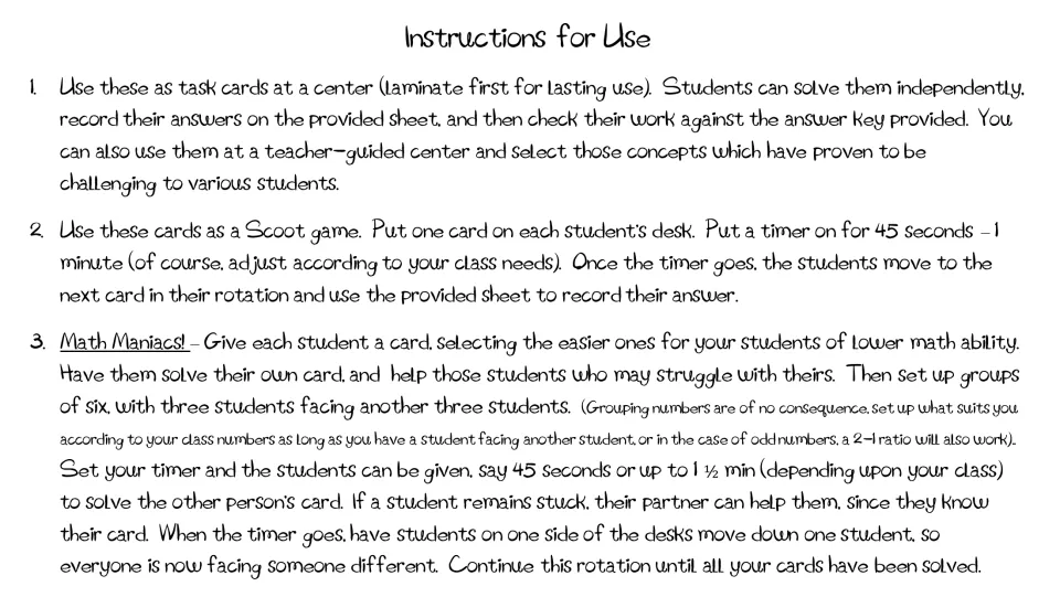 Instructions for using the cards three ways: a self-checking center, a Scoot game and Math Maniacs partner rotation