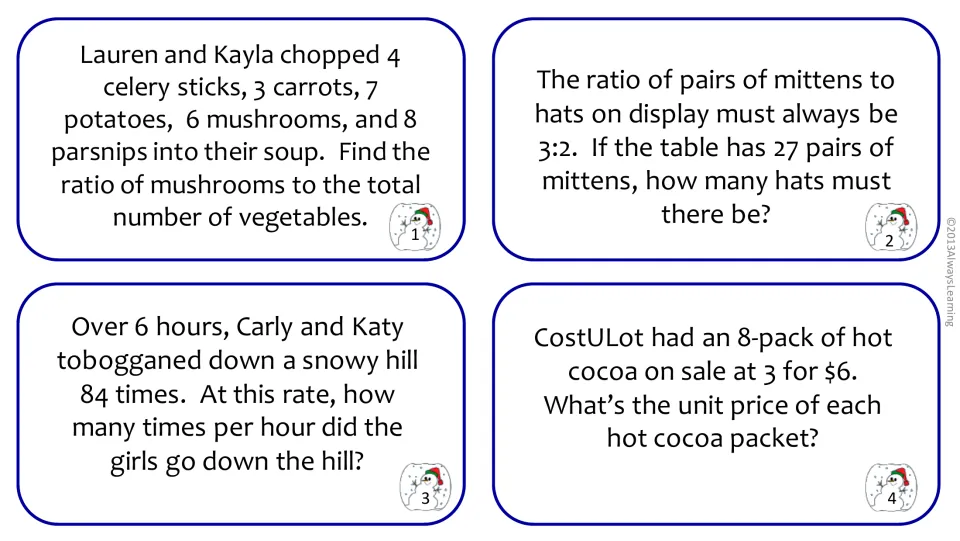 Ratio cards 1-4: students find a vegetable ratio, hats for 27 mittens at 3:2, sled runs per hour and cocoa unit price