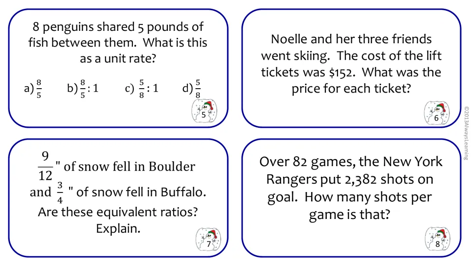 Unit rate cards 5-8: penguins sharing fish, price per lift ticket, equivalent snowfall ratios and shots per game