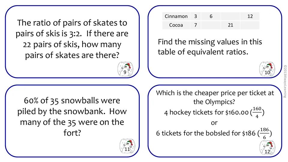 Ratio cards 9-12: skates to skis, a cinnamon-cocoa equivalent ratio table, 60% of 35 snowballs and best ticket price