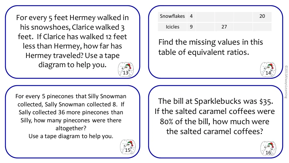 Ratio cards 13-16: tape diagrams for snowshoe distance and pinecones, a snowflake-icicle table and 80% of a $35 bill