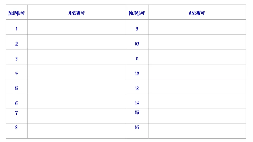 Student recording sheet with numbered spaces 1-16 where students write their answer to each ratio and rate card