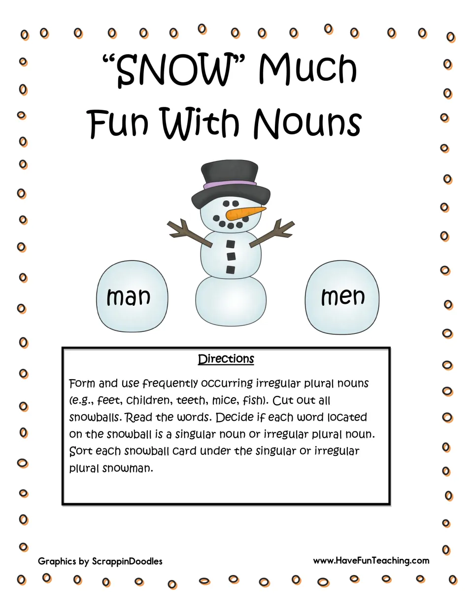"Snow" Much Fun With Nouns title page: directions to cut out snowballs and sort singular and irregular plural nouns
