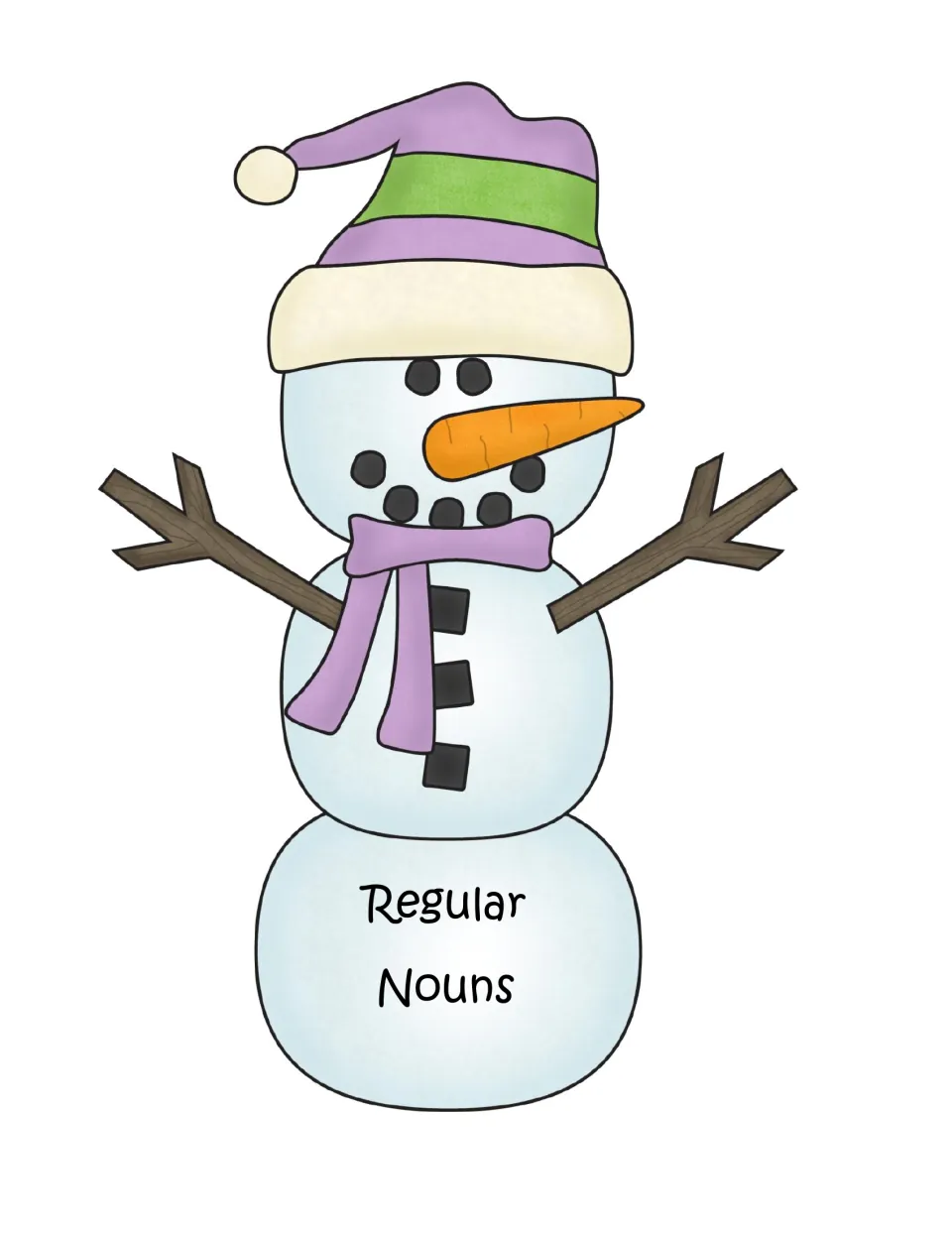 Regular Nouns sorting mat: a snowman in a purple hat and scarf where students place their regular noun snowball cards