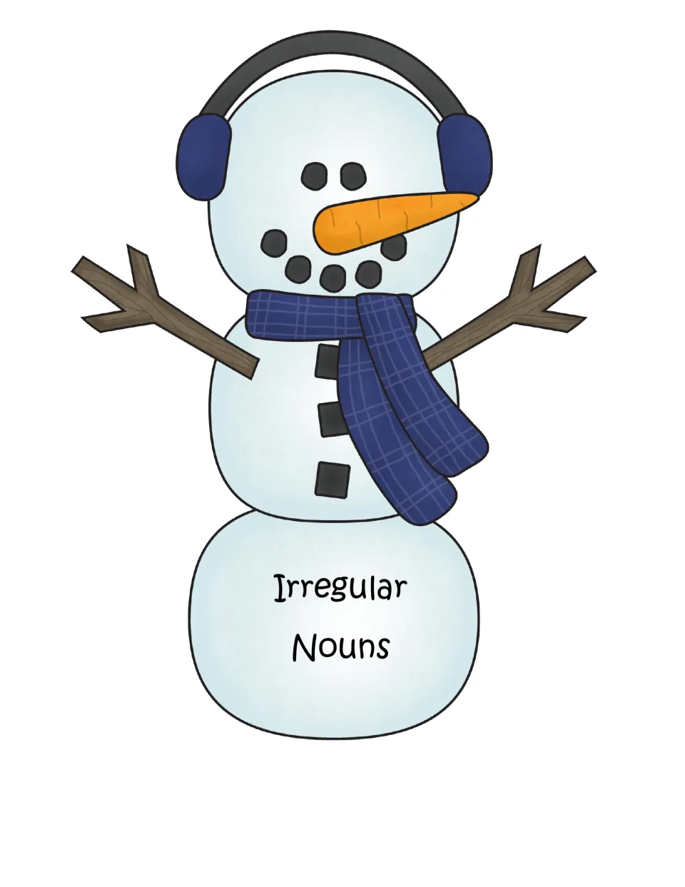 Irregular Nouns sorting mat: a snowman with blue earmuffs and scarf where students place irregular plural snowball cards