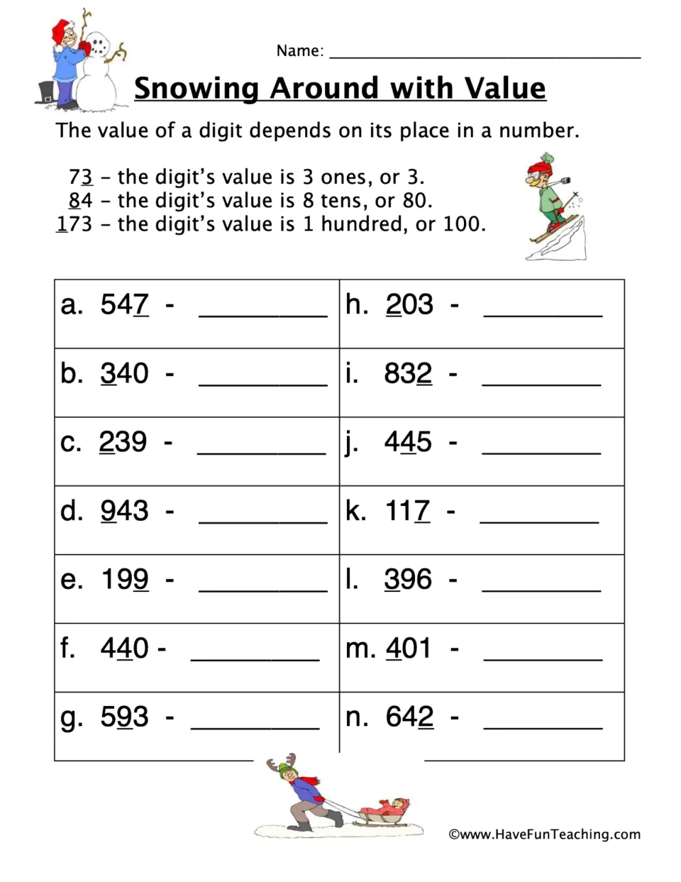 Snowing Around with Value: students write the value of the underlined digit in 14 three-digit numbers, like 547