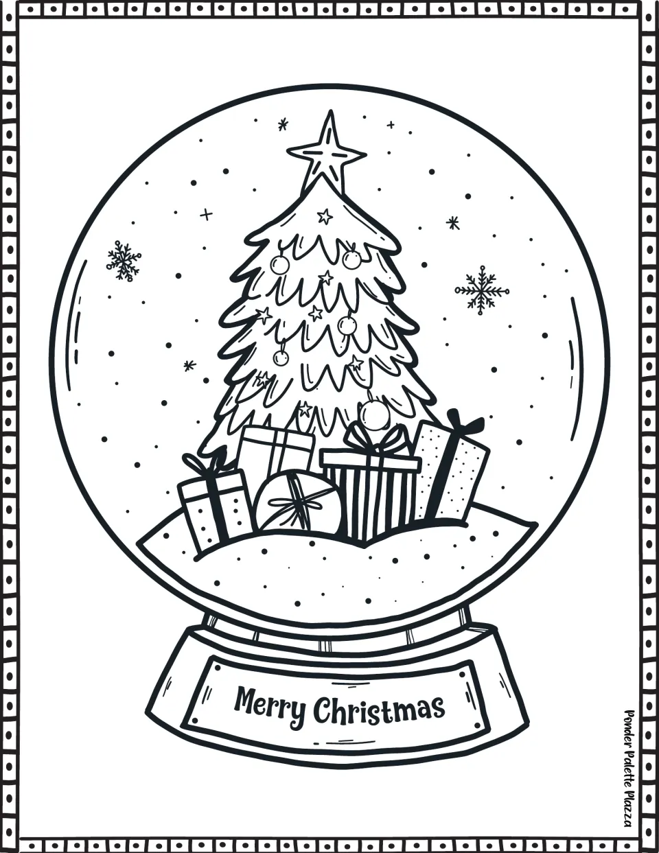 Snow globe coloring page featuring a decorated Christmas tree, wrapped gifts, and the words Merry Christmas
