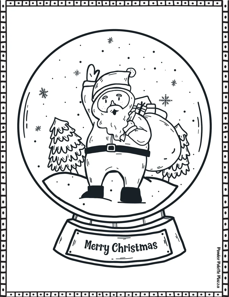Snow globe coloring page featuring Santa waving beside snowy trees, carrying gifts, with Merry Christmas