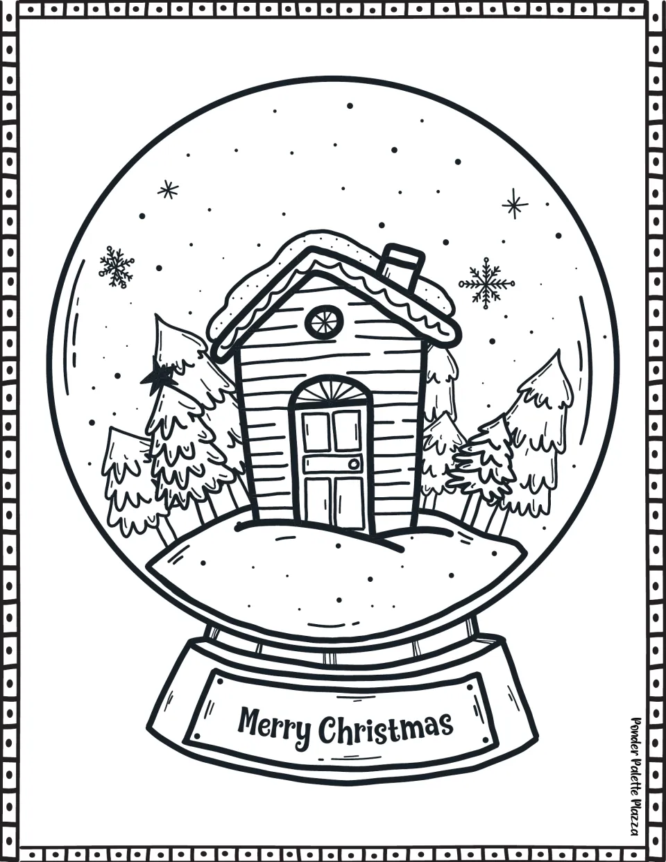 Snow globe coloring page featuring a snow-covered house surrounded by trees and the words Merry Christmas