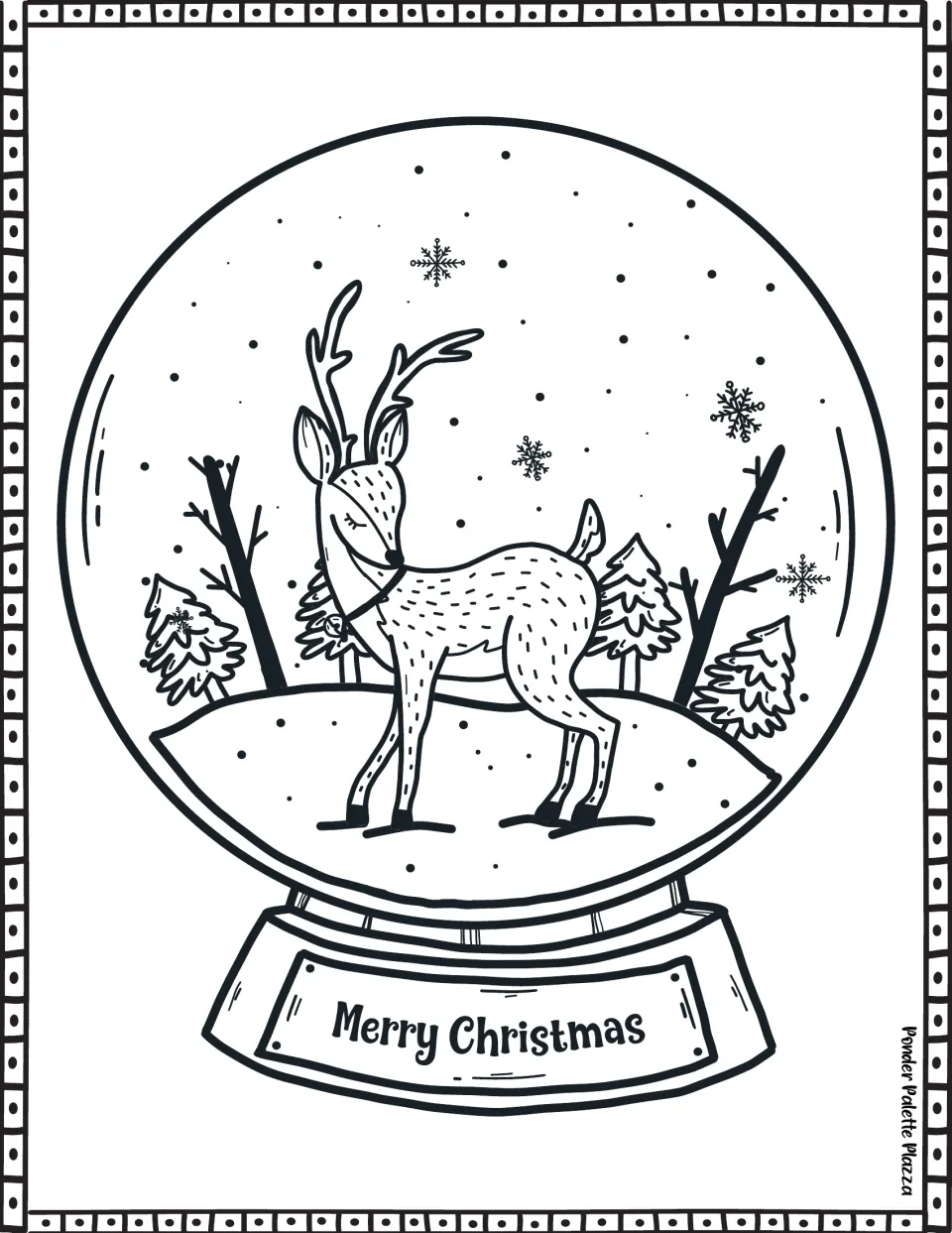 Snow globe coloring page featuring a reindeer among snowy trees and snowflakes, with Merry Christmas