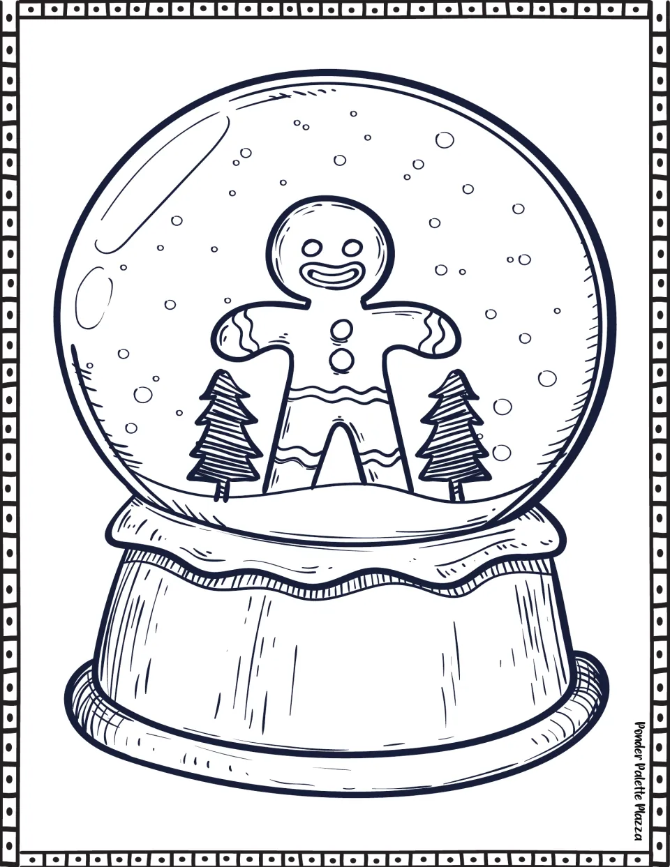 Snow globe coloring page featuring a smiling gingerbread figure with icing details between two fir trees