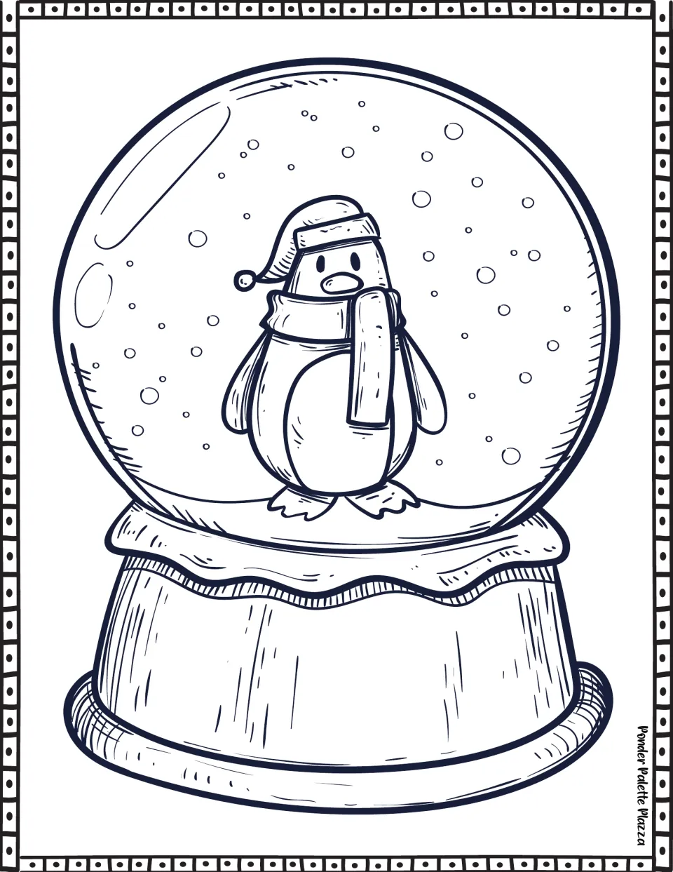 Snow globe coloring page featuring a penguin wearing a long scarf and Santa hat amid falling snow