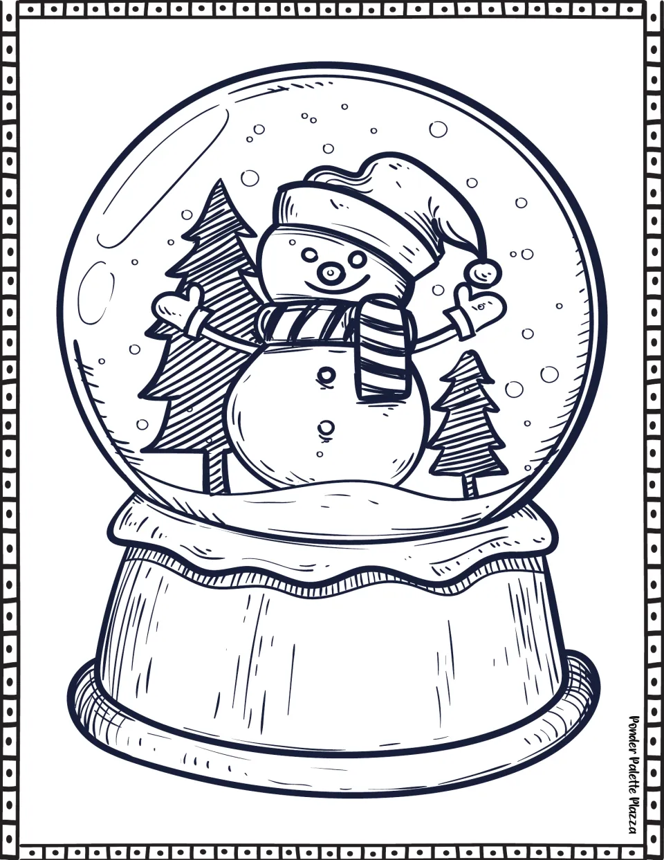 Snow globe coloring page featuring a snowman in a Santa hat, striped scarf, and mittens beside fir trees