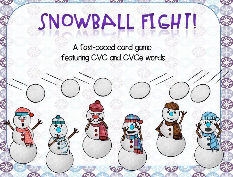Snowball Fight! cover: a fast-paced card game featuring CVC and CVCe words, shown with snowmen dodging flying snowballs