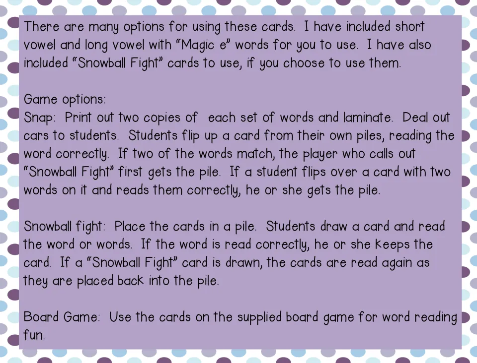 Game directions for short and Magic e long vowel word cards: rules for Snap, Snowball Fight draw-and-read and a board game