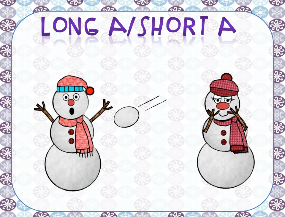 Long A/Short A section title page showing one snowman throwing a snowball at another before the a-vowel word cards