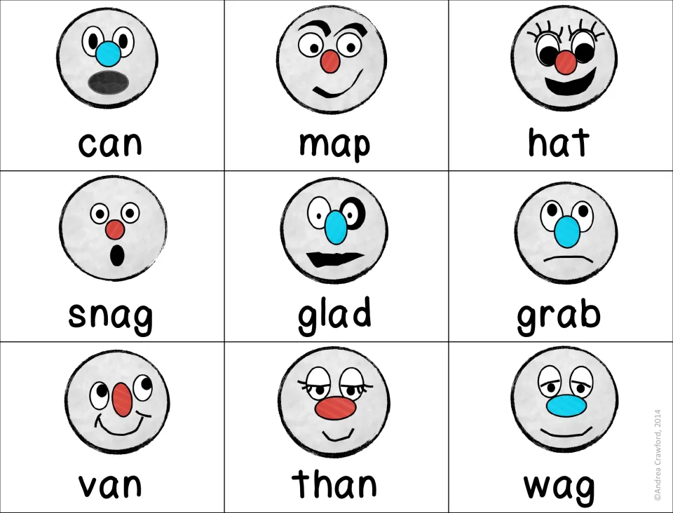 Short a word cards for reading CVC words: can, map, hat, snag, glad, grab, van, than and wag, each with a snowball face