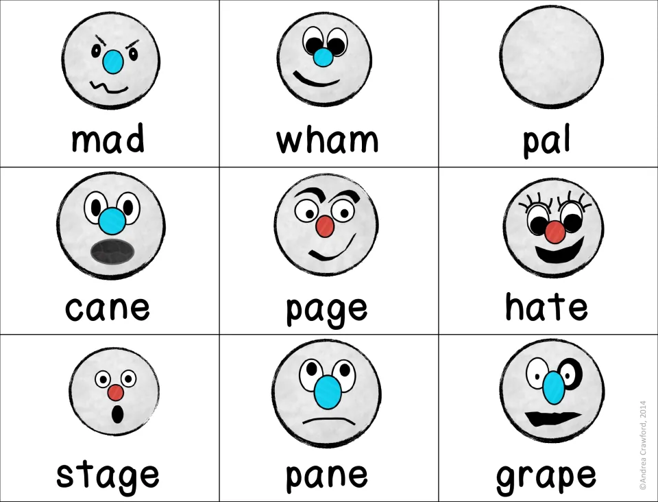 Short a and long a CVCe word cards to read: mad, wham, pal, cane, page, hate, stage, pane and grape with snowball faces
