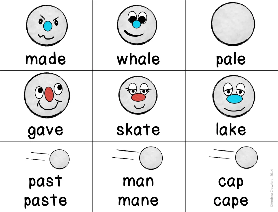 Long a CVCe word cards (made, whale, pale, gave, skate, lake) plus two-word cards past/paste, man/mane and cap/cape