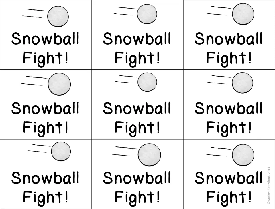 Nine Snowball Fight! special cards, each with a flying snowball, drawn during play to trigger rereading the word pile