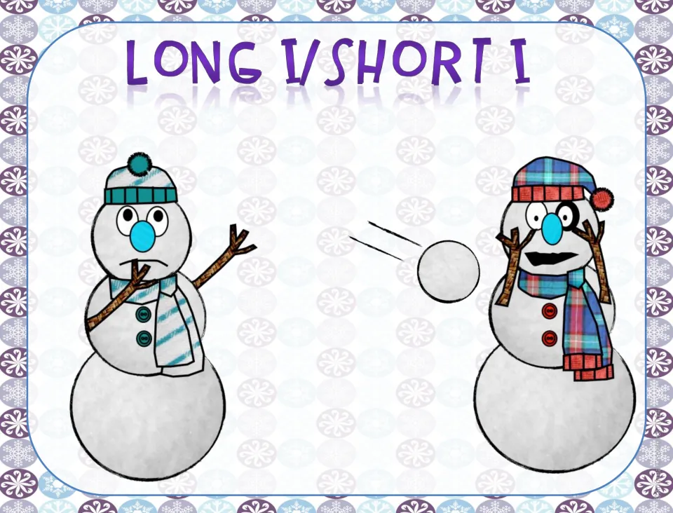 Long I/Short I section title page with two snowmen in hats and scarves and a snowball flying between them