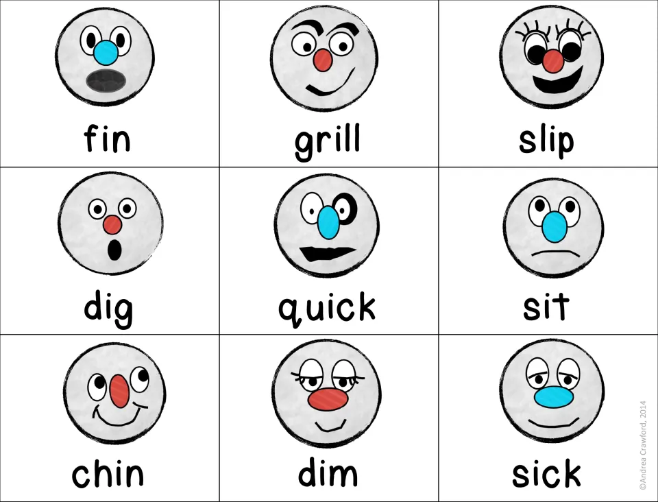 Short i word cards for decoding: fin, grill, slip, dig, quick, sit, chin, dim and sick, each shown under a snowball face