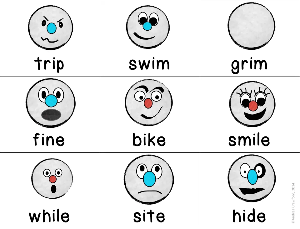 Short i and long i CVCe word cards to read: trip, swim, grim, fine, bike, smile, while, site and hide with snowball faces