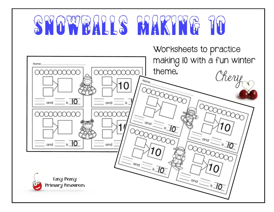 Snowballs Making 10 cover: winter-themed worksheets where students split 10 circles into number bonds and sentences